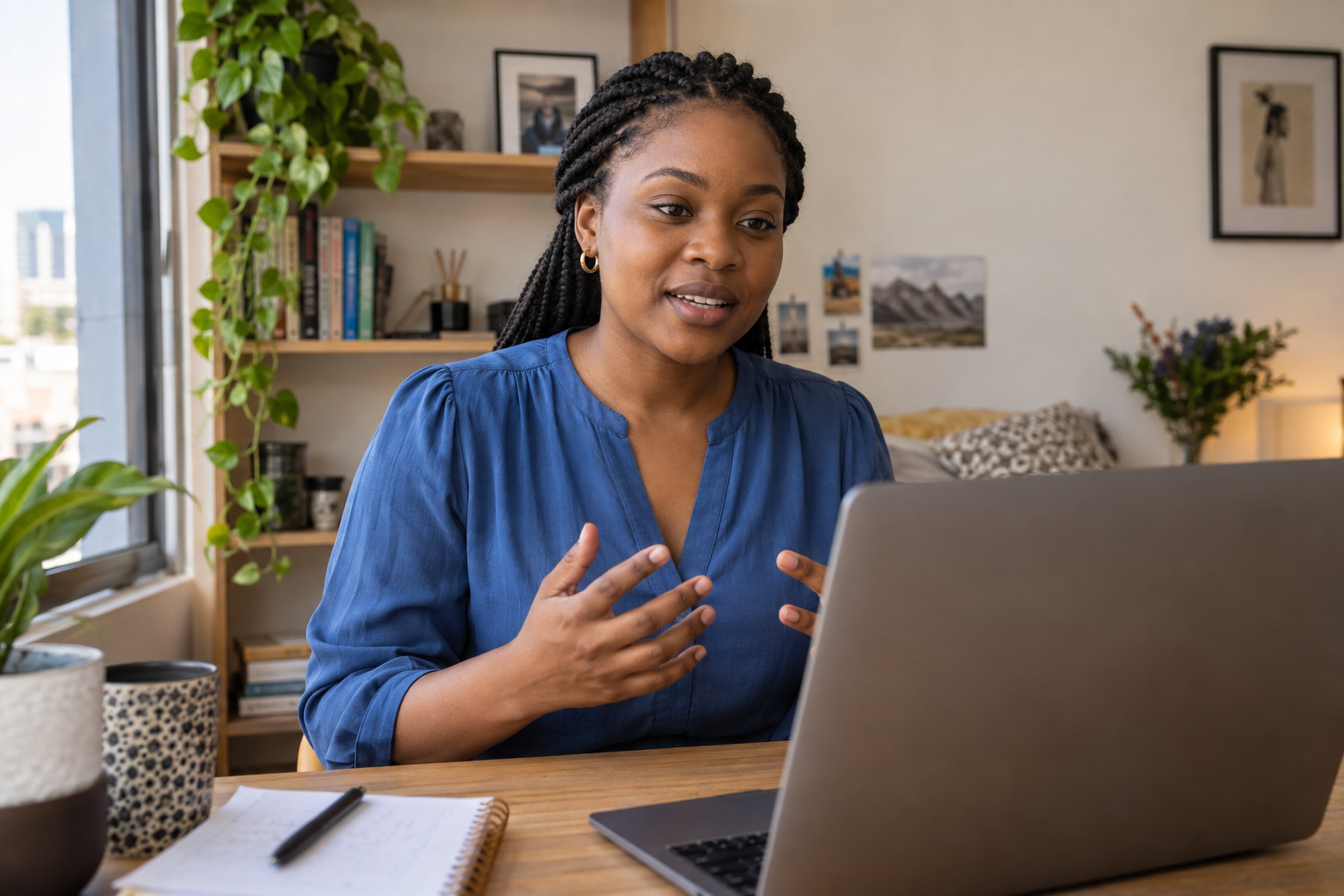 Black South African candidate recording a structured video interview answer at home