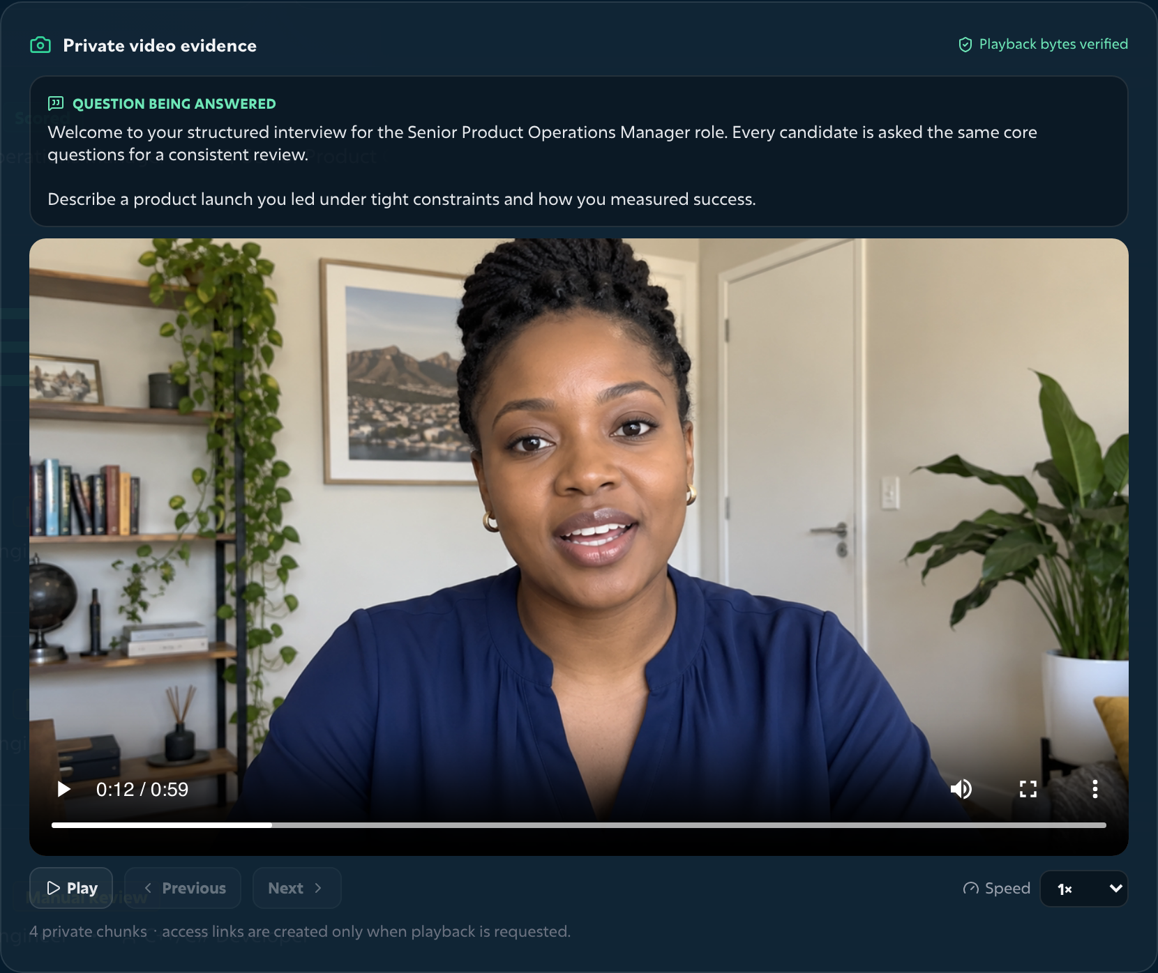 Candidate video interview with private playback evidence, recruiter insights and transcript