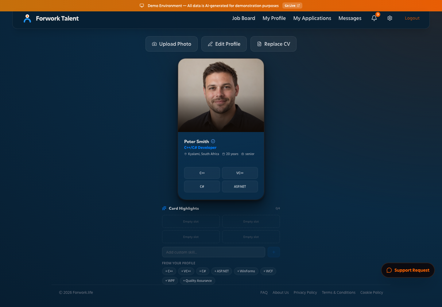 Peter Smith job seeker profile showing experience, skills and application status